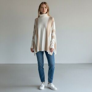 JM Collection Beige White Striped Turtleneck Poncho Sweater 4X Cozy Soft